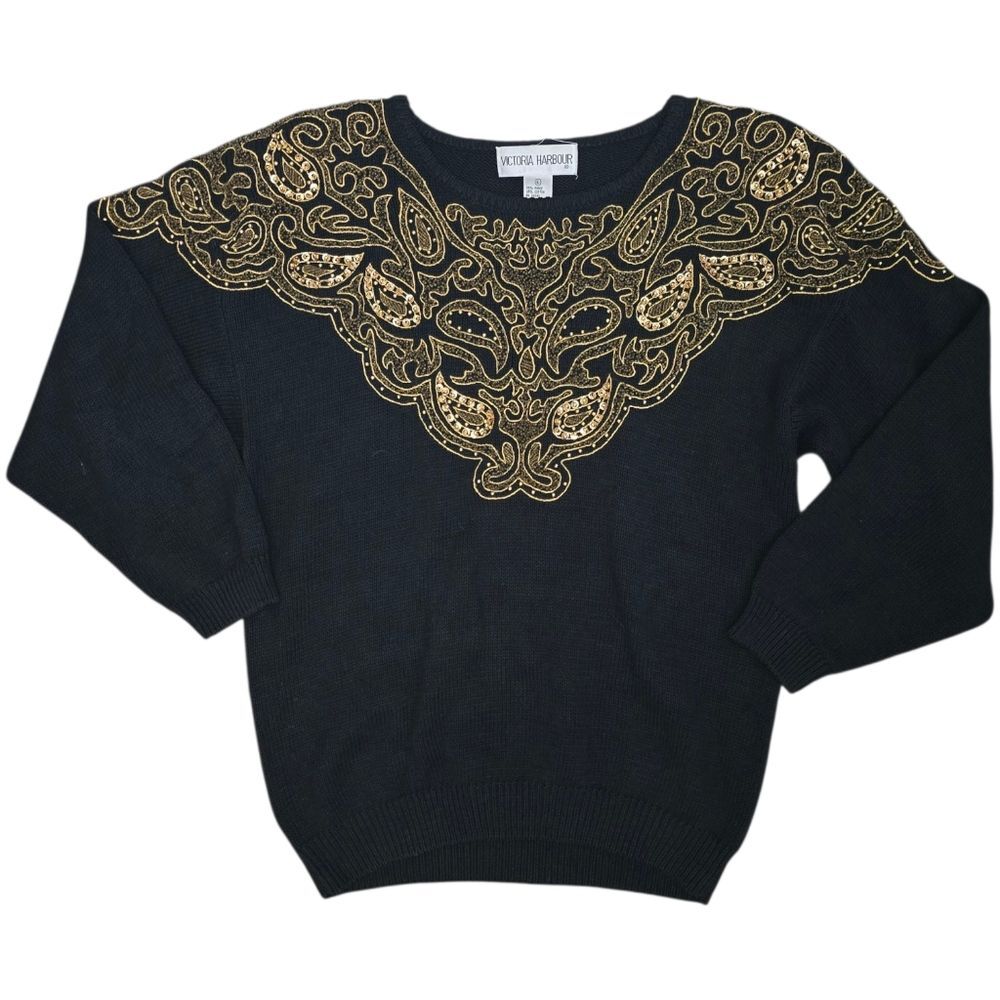 Vintage Victoria Harbour Knit Sweater Size Large Gold Beading Paisley 80s Ramie